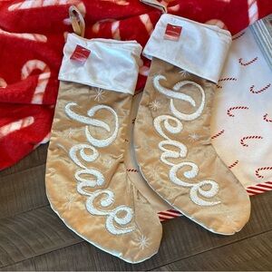 Target Wondershop Gold and Cream Velvet Holiday Stockings with Sherpa ‘Peace’ x2
